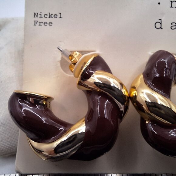 A New Day Nickel Free Goldtone Brown Earrings Hoop Stud Earrings - Picture 2 of 6